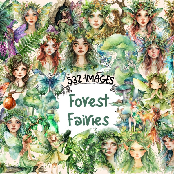 Forest Fairies Watercolor Clipart - 532 PNG Magical Enchanting Fairy Images, Woodland Graphics, Instant Digital Download, Commercial Use