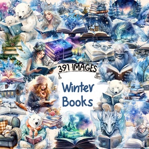 Winter Books Watercolor Clipart Bundle - 391 PNG Seasonal Xmas Book Images, Cozy Reading Graphics,  Instant Digital Download, Commercial Use
