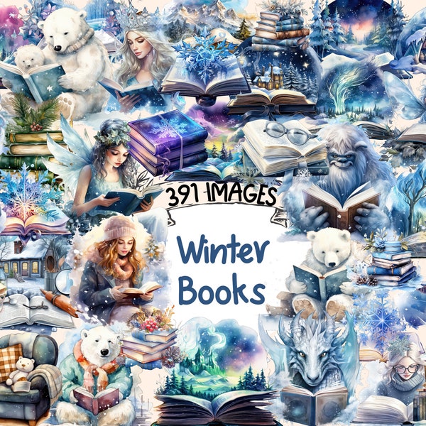 Bundle de cliparts aquarelle livres hiver - 391 images de livre de Noël saisonnier PNG, lecture confortable graphiques, téléchargement numérique instantané, usage Commercial