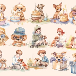 May include: Watercolor illustrations of dogs and children. The dogs are wearing hats, glasses, and some are holding presents. The children are wearing casual clothing and are interacting with the dogs.