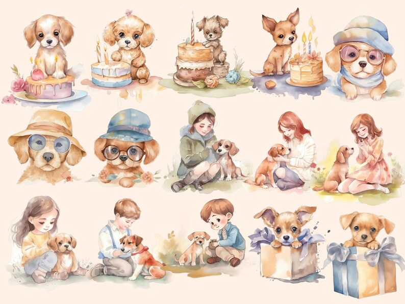 May include: Watercolor illustrations of dogs and children. The dogs are wearing hats, glasses, and some are holding presents. The children are wearing casual clothing and are interacting with the dogs.