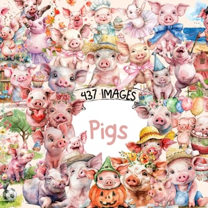 Pigs Watercolor Clipart Bundle - 437 PNG Cute Pig Images, Adorable Rustic Farm Animal Graphics, Instant Digital Download, Commercial Use