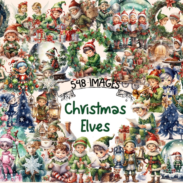 Christmas Elves Watercolor Clipart Bundle - 548 PNG Festive Elf Images, Cozy Holiday Magic Graphics, Instant Digital Download,Commercial Use