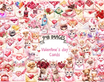 May include: A digital collage of watercolor illustrations featuring pink envelopes, hearts, flowers, and animals. The illustrations are in a romantic style and are perfect for Valentine's Day cards. The text "948 IMAGES" and "Valentine's Day Cards" is visible in the center of the image.