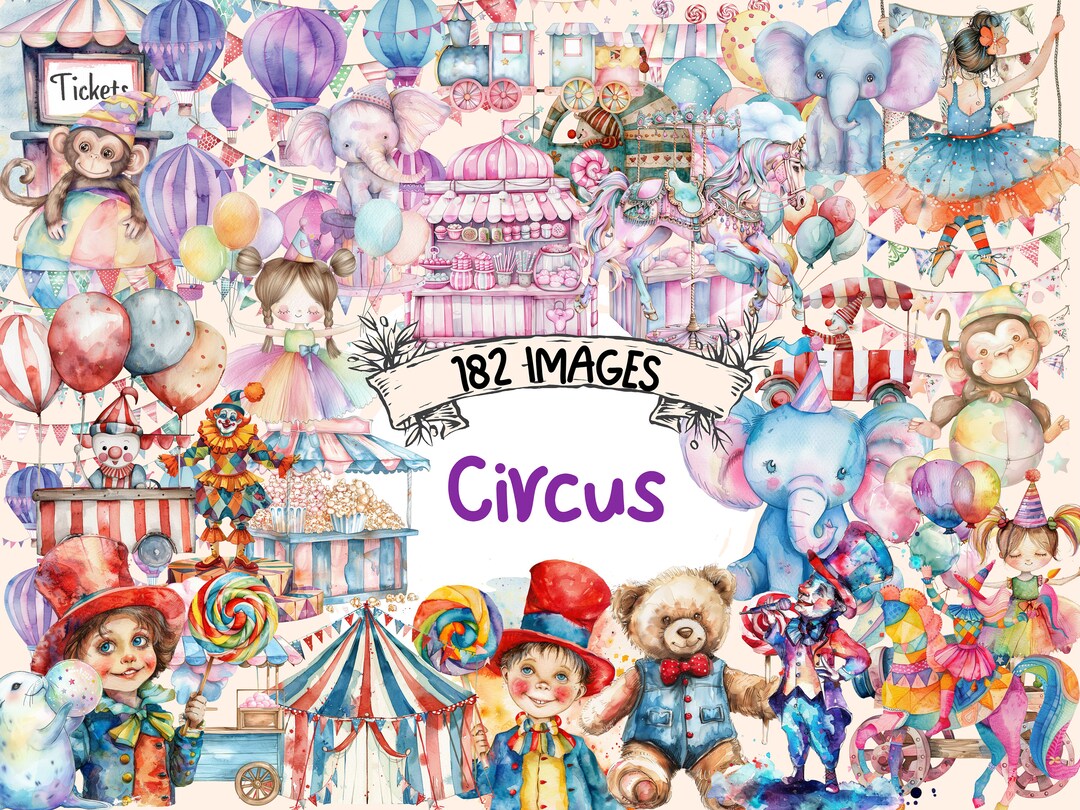 Watercolor Circus Clipart Bundle: 182 PNG Carnival Images (digital ...