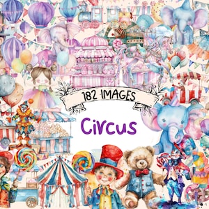 Circus Watercolor Clipart Bundle - 182 PNG Vibrant Circus Images, Carnival Performer Graphics, Instant Digital Download, Commercial Use