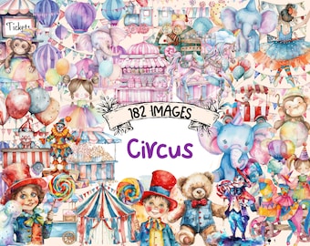 Watercolor Circus Clipart Bundle: 182 PNG Carnival Images (Digital Download)