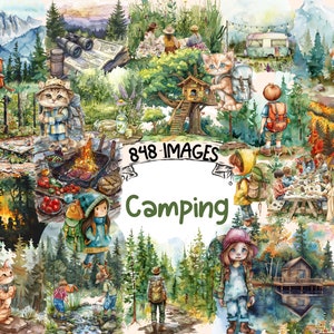 Camping Watercolor Clipart Bundle - 848 PNG Outdoor Adventure Images, Campsite Nature Graphics, Instant Digital Download, Commercial Use
