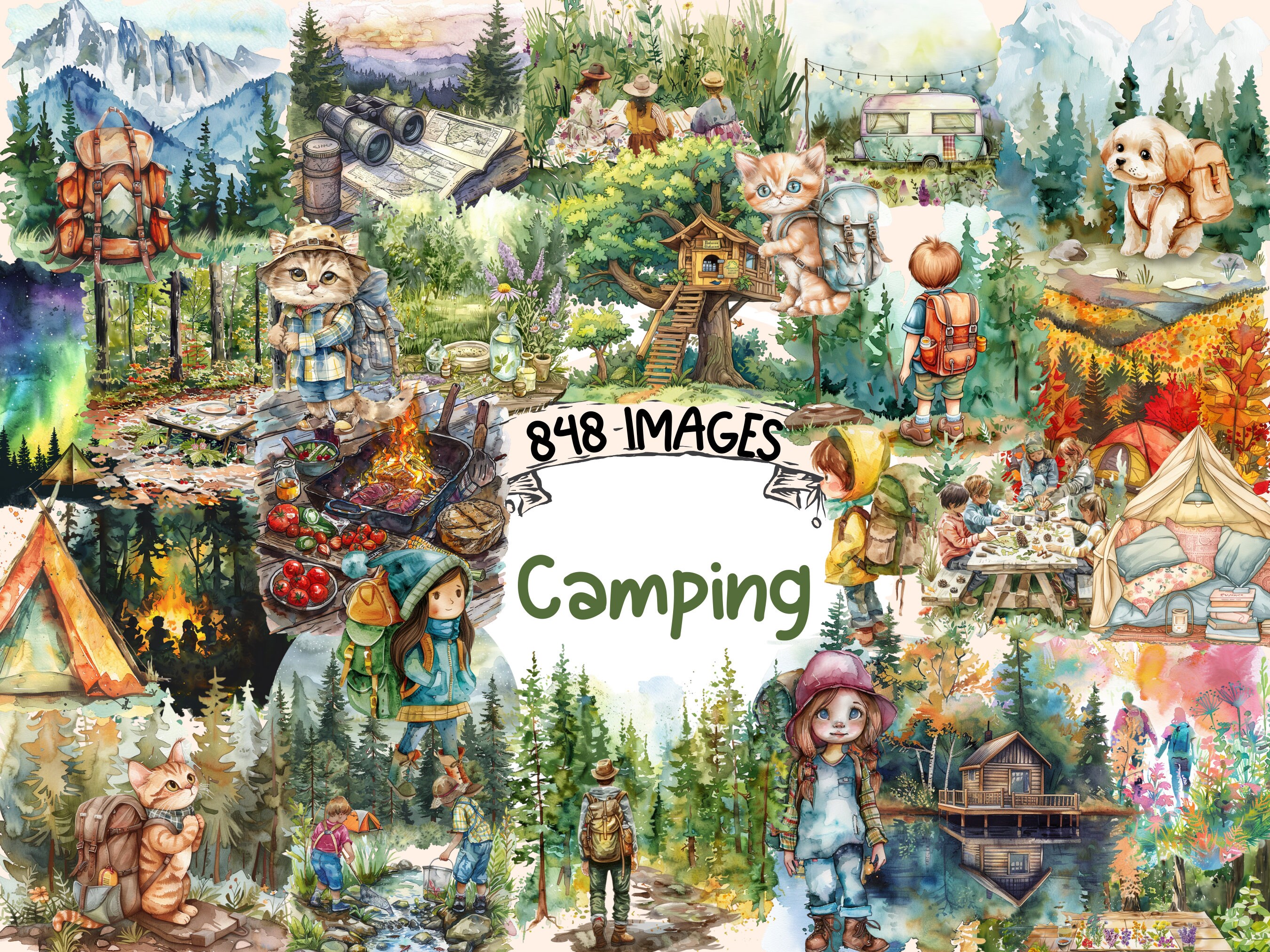Camping Watercolor Clipart Bundle - 848 PNG Outdoor Adventure Images, Campsite Nature Graphics, Instant Digital Download, Commercial Use