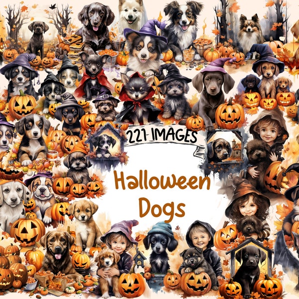 Halloween Dogs Watercolor Clipart Bundle - 221 PNG Spooky Puppy Images, Cute Costume Pup Graphics, Instant Digital Download, Commercial Use