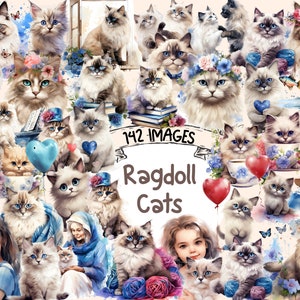 Ragdoll Cats Watercolor Clipart Bundle - 142 PNG Cute Cat Images, Adorable Kitten Feline Graphics, Instant Digital Download, Commercial Use