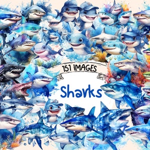 Sharks Watercolor Clipart Bundle - 151 PNG Shark Images, Oceanic Graphics, Marine Life Printables, Instant Digital Download, Commercial Use