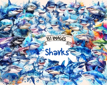 Shark Watercolor Clipart Bundle: 151 PNG Images (Commercial Use) (Digital Download)