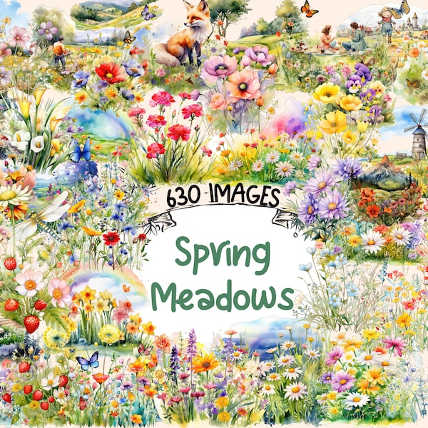 Spring Meadows Watercolor Clipart Bundle - 630 PNG Springtime Graphics, Lush Meadow Illustrations, Instant Digital Download, Commercial Use