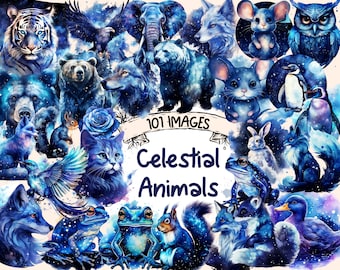 Watercolor Celestial Animals Clipart: 101 Galaxy PNG Images (Digital Download)