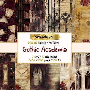 May include: A digital paper pack with 77 seamless patterns featuring gothic academia themes. The patterns include images of keys, books, gates, and handwritten text. The patterns are 3600 x 3600 pixels and 300 dpi.