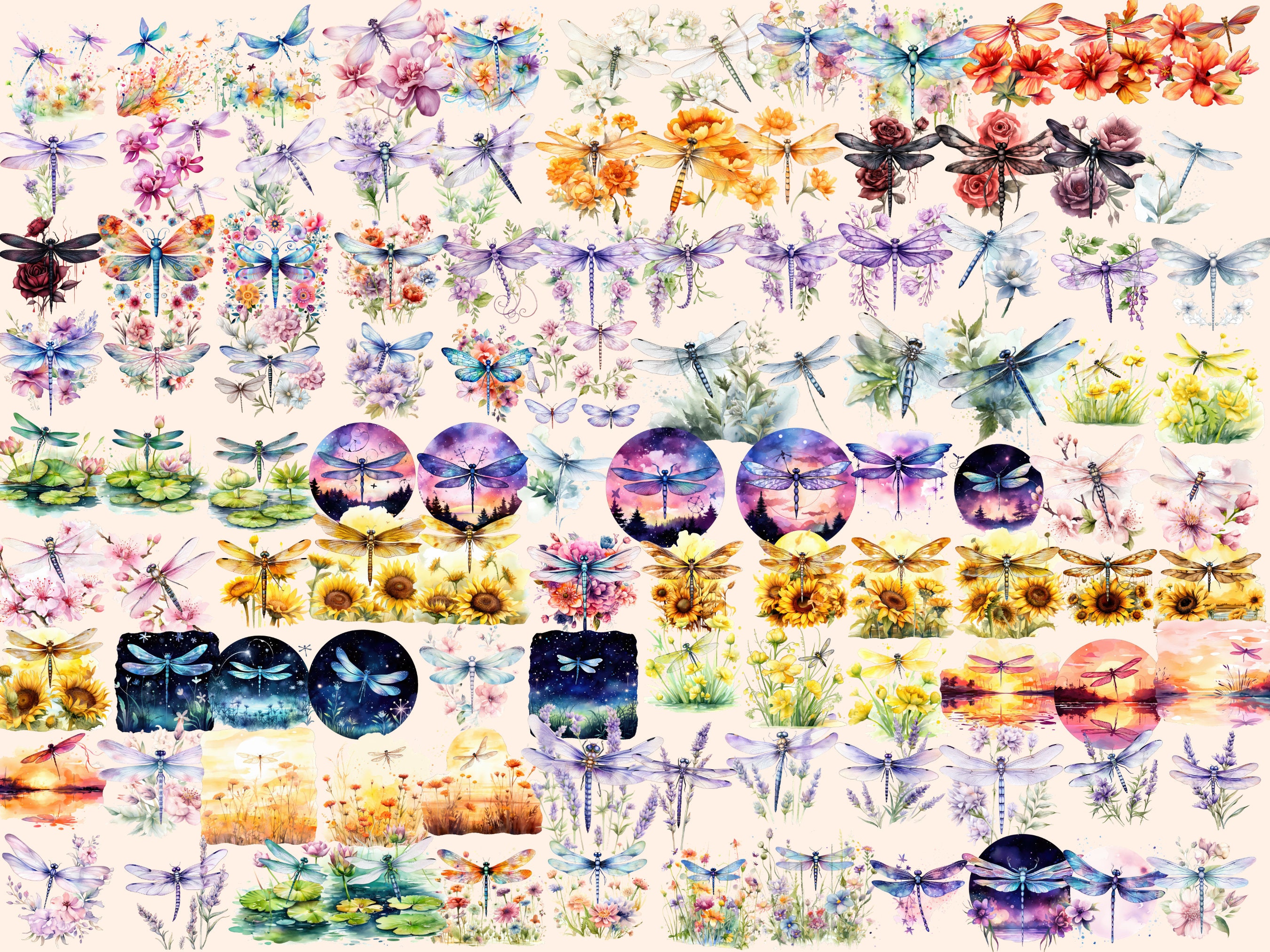 Floral Dragonfly Watercolor Clipart Bundle: 368 PNG Graphics (digital ...