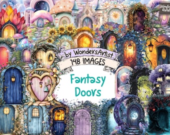 Watercolor Fantasy Doors Clipart: Enchanted Portal Illustrations (Digital Download, Commercial Use PNG Graphics)