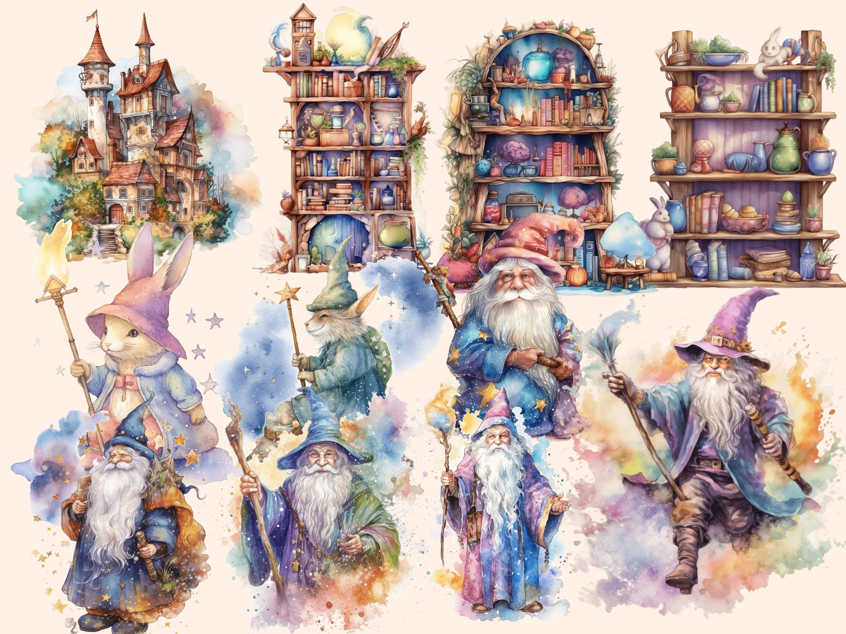 Watercolor Wizards Clipart: 52 Magical Illustrations (PNG Digital ...