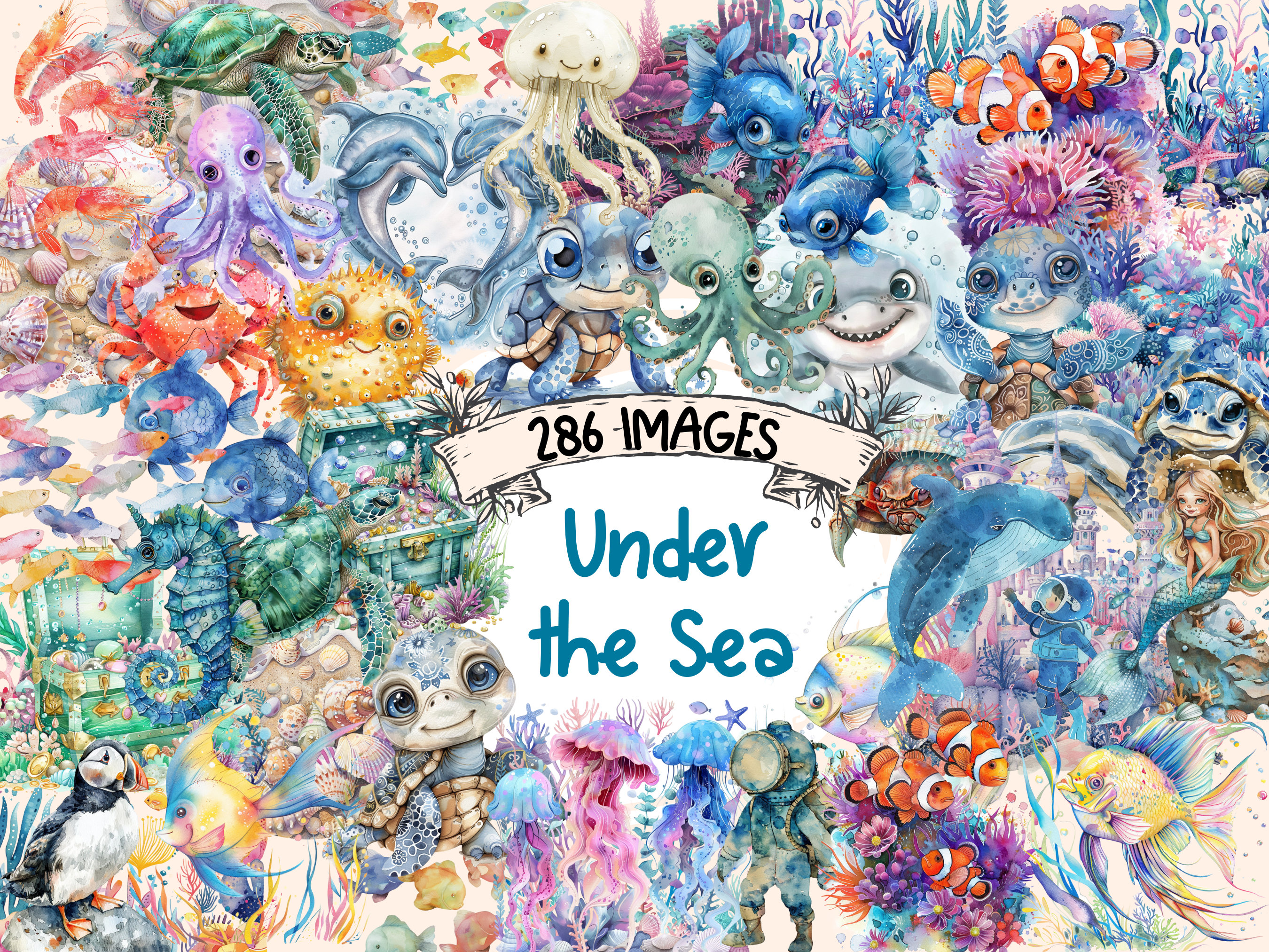 Under the Sea Watercolor Clipart Bundle - 286 PNG Marine Life Images, Oceanic Creature Graphics, Instant Digital Download, Commercial Use