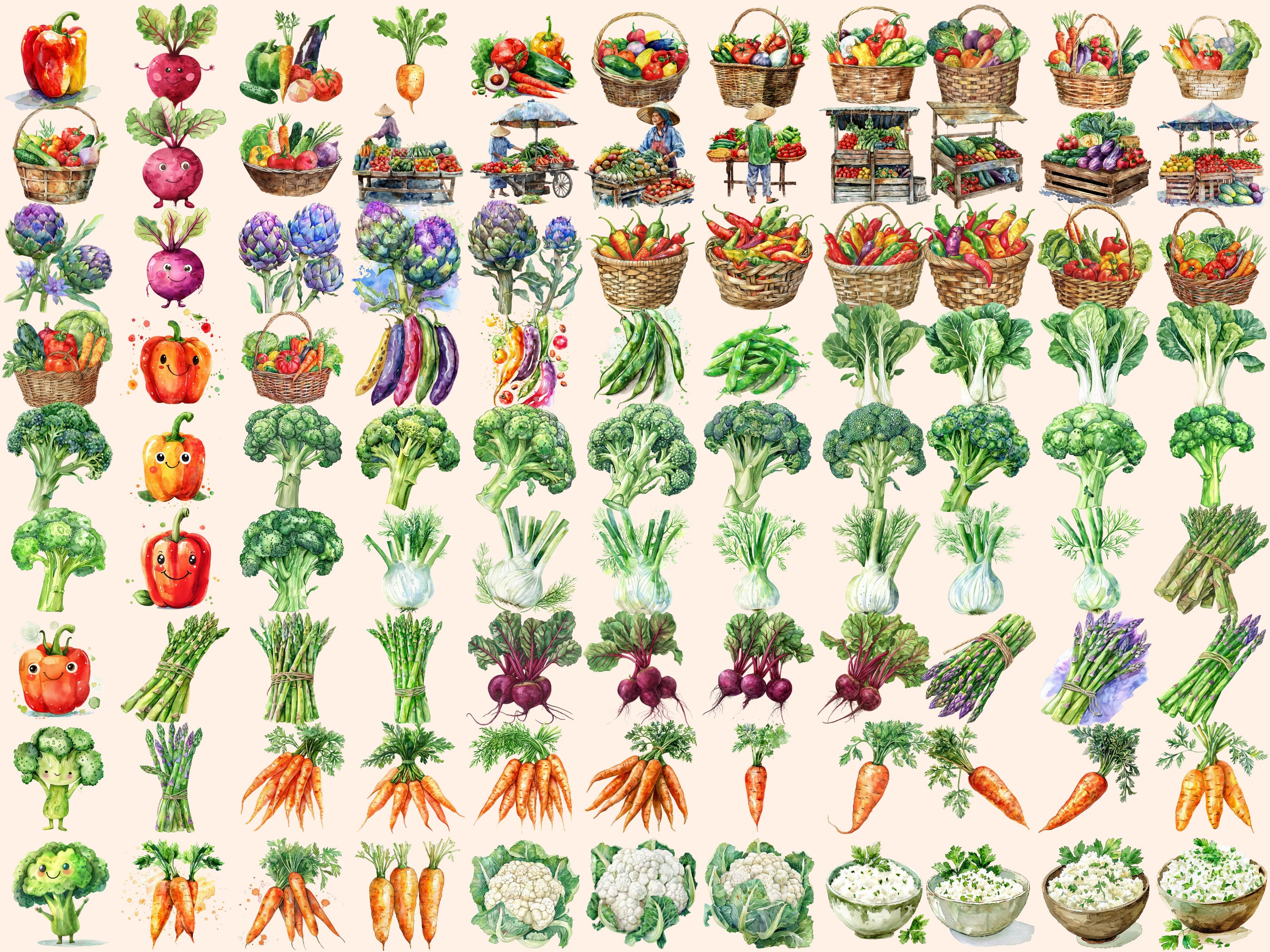 Vegetables Watercolor Clipart Bundle: 476 PNG Garden Veggie Graphics ...