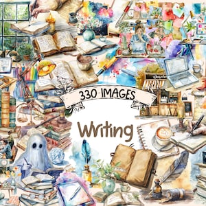 Writing Watercolor Clipart Bundle - 330 PNG Pen and Paper Images, Literary Composition Graphics, Instant Digital Download, Commercial Use