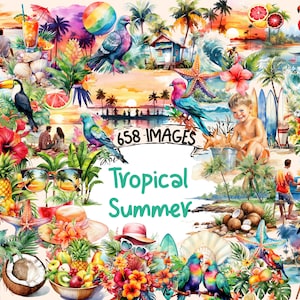 Tropical Summer Watercolor Clipart Bundle - 658 PNG Sunny Tropical Images, Summer Vacation Graphics, Instant Digital Download,Commercial Use