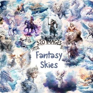Fantasy Skies Watercolor Clipart Bundle - 520 PNG Mythical Sky Images, Winged Characters Graphics, Instant Digital Download, Commercial Use