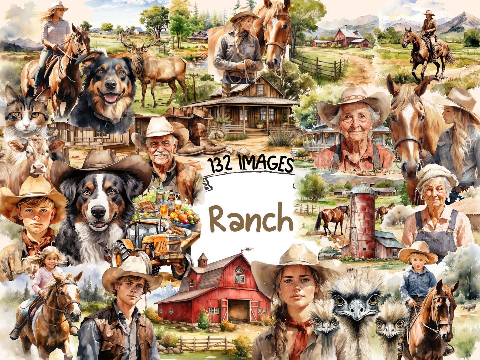 Ranch Watercolor Clipart Bundle: 132 Farm Homestead Graphics (digital ...