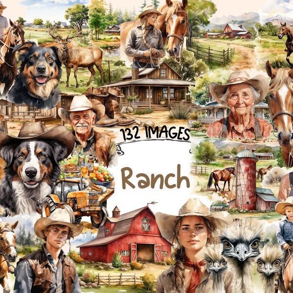 Ranch Watercolor Clipart Bundle - 132 PNG Ranch Images, Western Homestead Graphics, Farm Printables, Instant Digital Download,Commercial Use