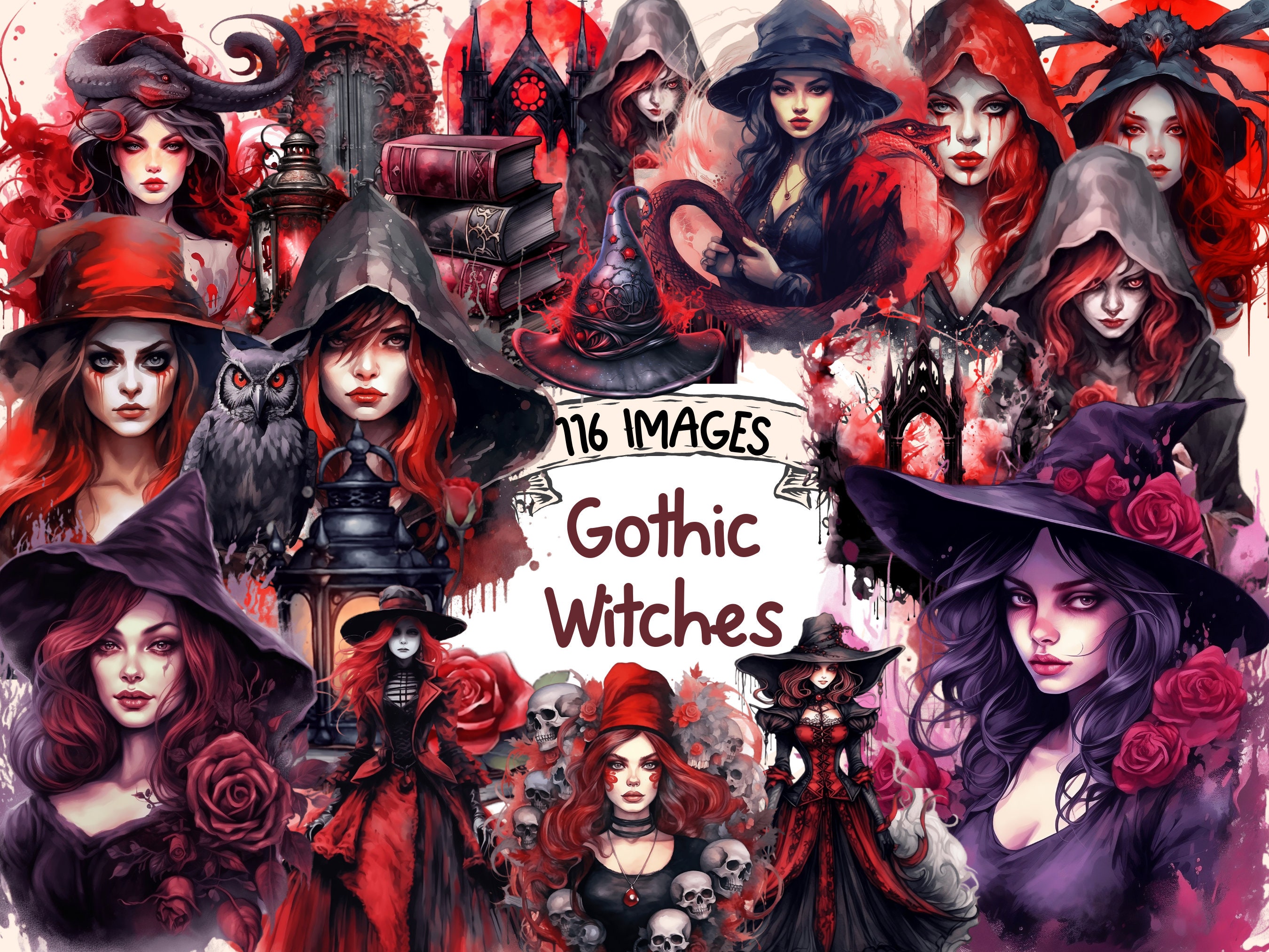 Gothic Witches Watercolor Clipart Bundle: 116 PNG Images (digital ...