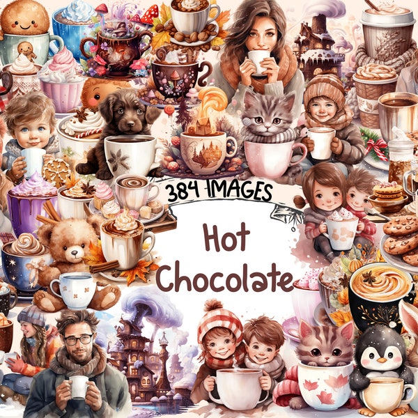 Heiße Schokolade Aquarell Clipart Bundle - 384 PNG heiße Kakao Bilder, Winter, Herbst gemütliche Getränke Grafiken, sofortiger digitaler Download, kommerzielle Nutzung