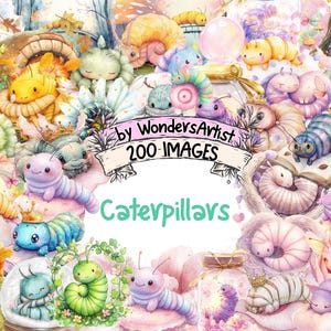 Caterpillars Watercolor Clipart - 200 PNG Whimsical Insect Graphics, Garden Creature Illustrations, Instant Digital Download, Commercial Use
