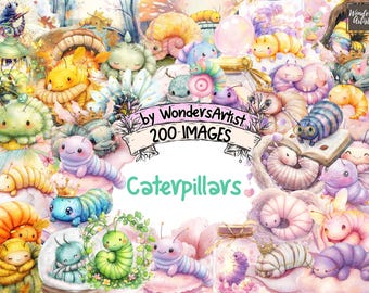 Watercolor Caterpillar Clipart: Whimsical Garden Graphics (200 PNG) (Digital Download)