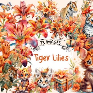 Tiger Lilies Watercolor Clipart Bundle - 73 PNG Lily Flower Images, Beautiful Floral Graphics, PNG, Instant Digital Download, Commercial Use