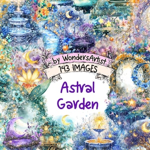 Astral Garden Watercolor Clipart Bundle - 143 PNG Mystical Images, Celestial Floral Nature Illustrations, Instant Download, Commercial Use