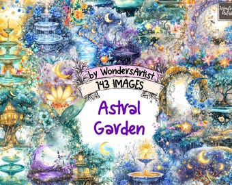 Watercolor Astral Garden Clipart: Celestial Floral Illustrations (143 PNG Images) (Commercial Use)
