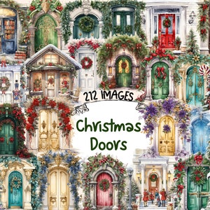 Christmas Doors Watercolor Clipart Bundle - 212 PNG Holiday Door Images, Cozy Xmas Festive Graphics, Instant Digital Download,Commercial Use