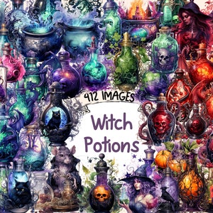 May include: A digital collage of colorful potion bottles with various magical ingredients, including skulls, herbs, and creatures. The text "412 IMAGES Witch Potions" is displayed in the center of the image.