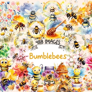 Bumblebees Watercolor Clipart Bundle - 488 PNG Bumblebee Images, Buzzing Honey Bee, Insect Graphics, Instant Digital Download,Commercial Use