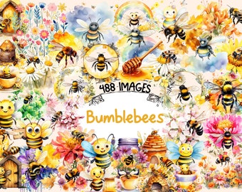 Bumblebees Watercolor Clipart Bundle - 488 PNG Bumblebee Images, Buzzing Honey Bee, Insect Graphics, Instant Digital Download,Commercial Use