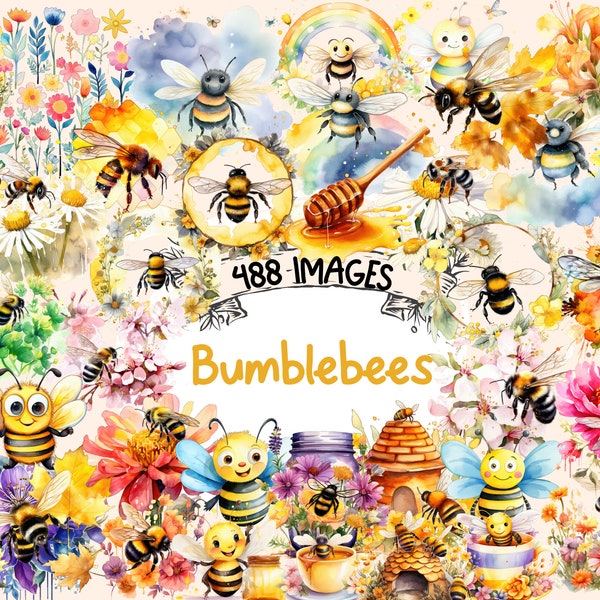 Bumblebees Watercolor Clipart Bundle - 488 PNG Bumblebee Images, Buzzing Honey Bee, Insect Graphics, Instant Digital Download,Commercial Use