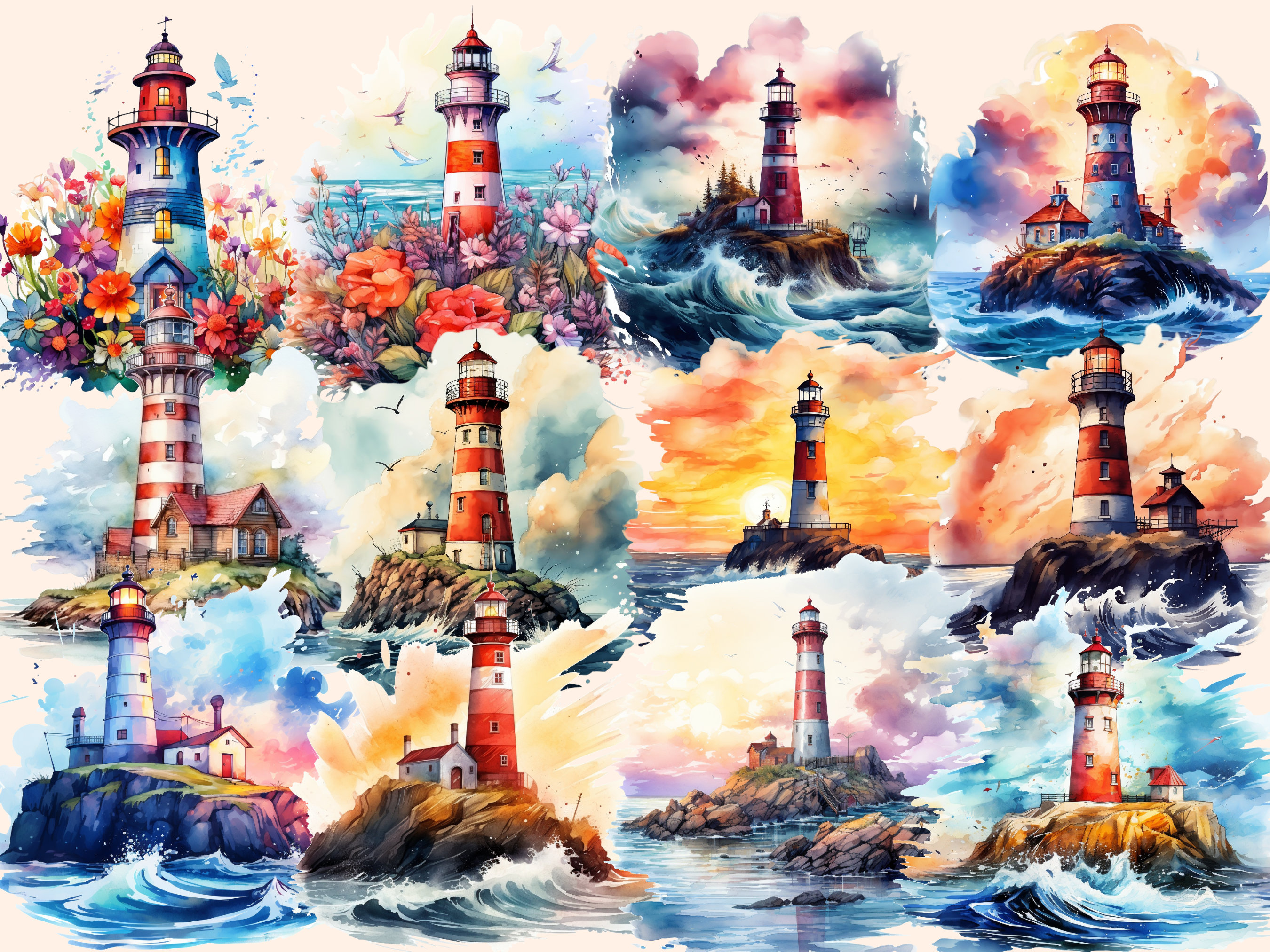 Lighthouses Watercolor Clipart Bundle: 78 Seaside PNG Images (digital ...