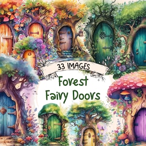 Forest Fairy Doors Watercolor Clipart Bundle - 33 Magical Enchanting Storybook Illustrations, PNG, Instant Digital Download, Commercial Use