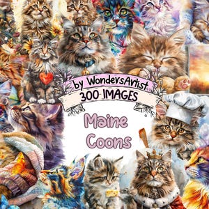 Maine Coons Watercolor Clipart Bundle - 300 PNG Majestic Maine Coon Cat Images, Feline Graphics, Instant Digital Download, Commercial Use