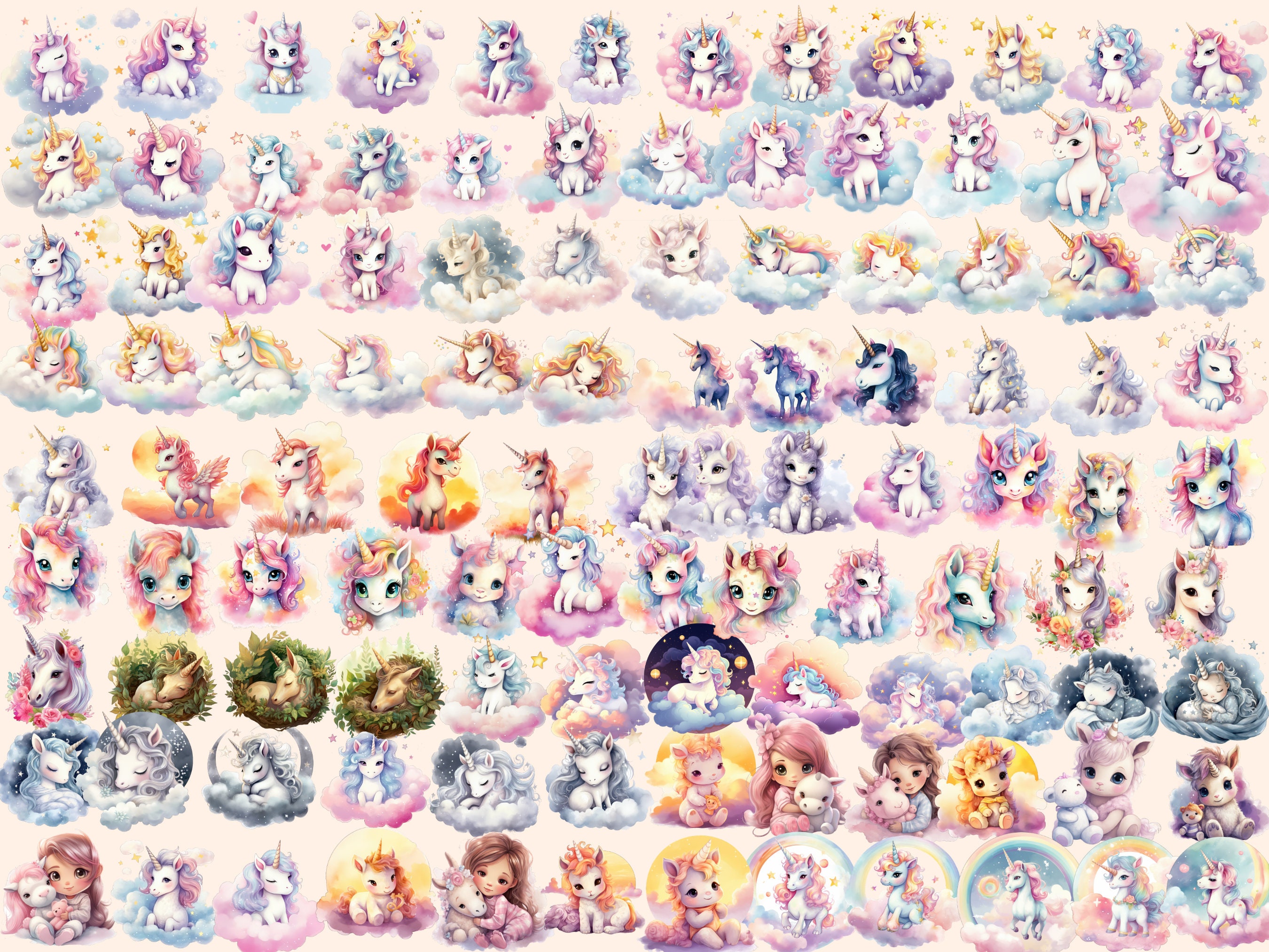Watercolor Baby Unicorn Clipart Bundle: 585 PNG Images (digital ...