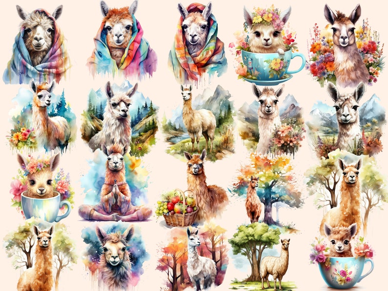 K&ouml;nnte beinhalten: Aquarell-Illustrationen von Lamas in verschiedenen Posen und Umgebungen. Einige Lamas tragen Blumen, andere sitzen in Teetassen und wieder andere sind von Naturszenen umgeben.
