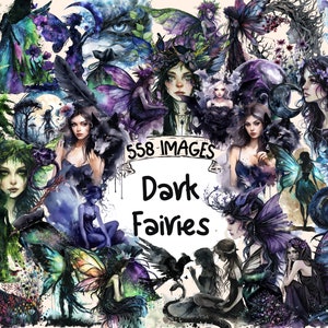Dark Fairies Watercolor Clipart Bundle - 558 PNG Magical Fairytale Illustrations, Gothic Graphics, Instant Digital Download, Commercial Use