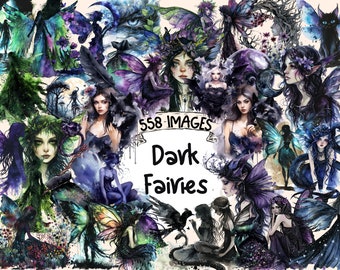 Dark Fairies Watercolor Clipart Bundle: 558 Gothic Fantasy PNG Illustrations (Digital Download)