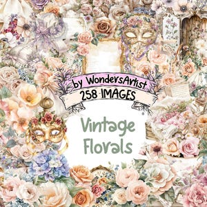 Vintage Florals Watercolor Clipart - 258 PNG Elegant Botanical Graphics, Retro Flower Illustrations, Instant Digital Download,Commercial Use